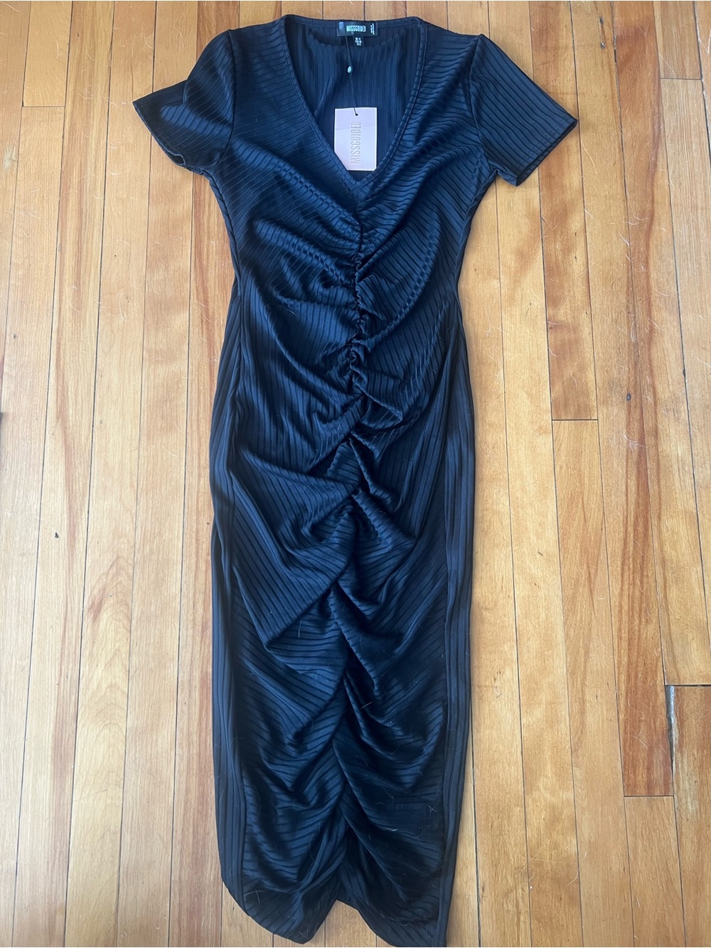 Black Ruched V-Neck Midi Dress